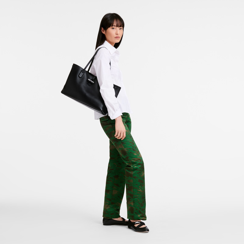 Bolsa De Hombro Longchamp Le Roseau Essential M Tote bag Mujer Negras | LC-FOZK3342