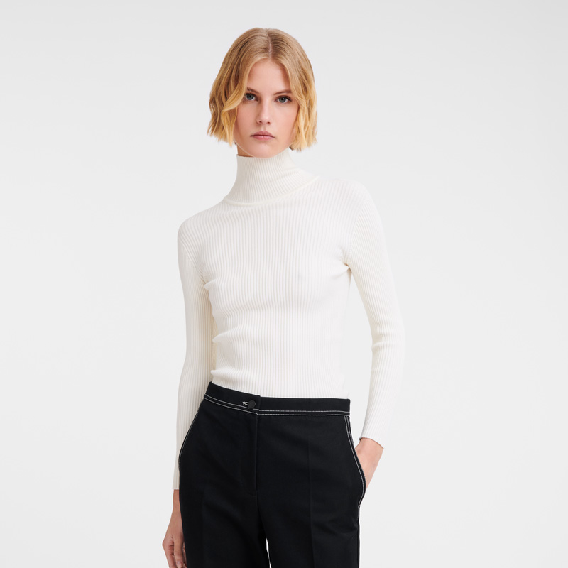 Prendas De Punto Longchamp High collar fitted jumper Mujer Ecru | LC-WPQH7187